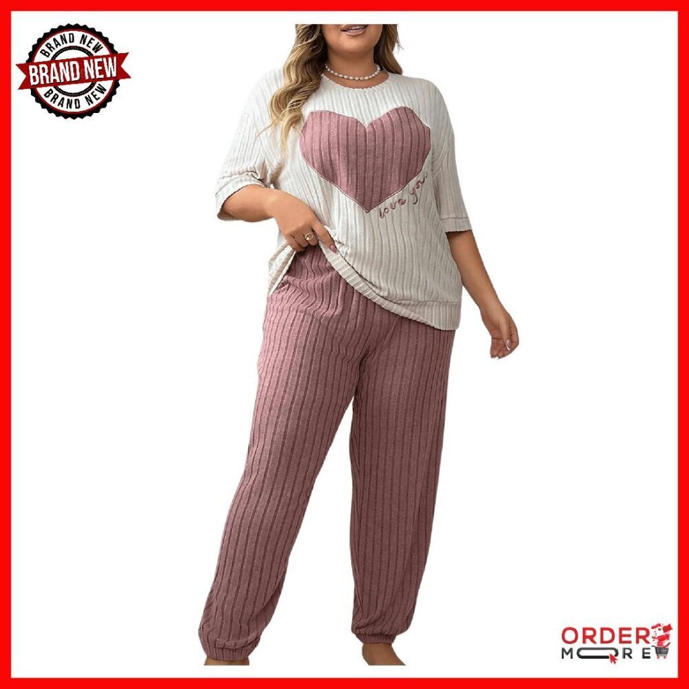 Plus Size Ribbed Pajama Set Half Sleeve Top & Pants Soft Lounge Wear